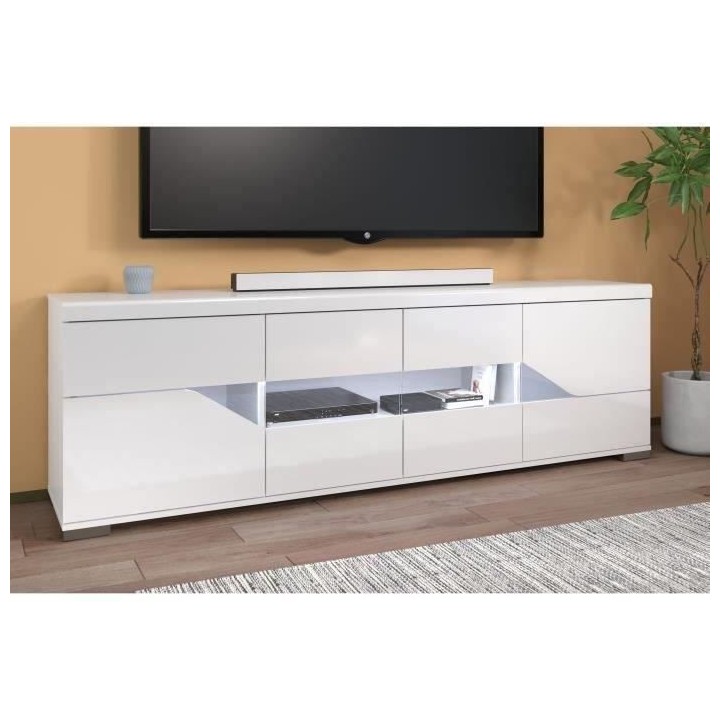 Meuble TV buffet - Blanc brillant et verre trempé - 200 x 62.3 x 39.8