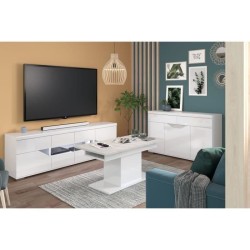 Meuble TV buffet - Blanc brillant et verre trempé - 200 x 62.3 x 39.8 cm - BE ALIVE