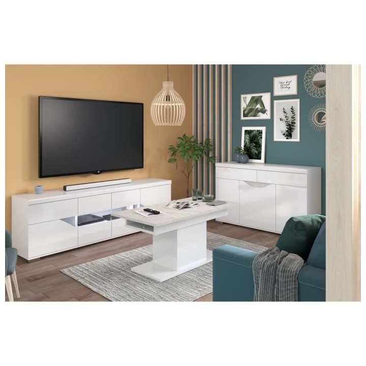 Meuble TV buffet - Blanc brillant et verre trempé - 200 x 62.3 x 39.8
