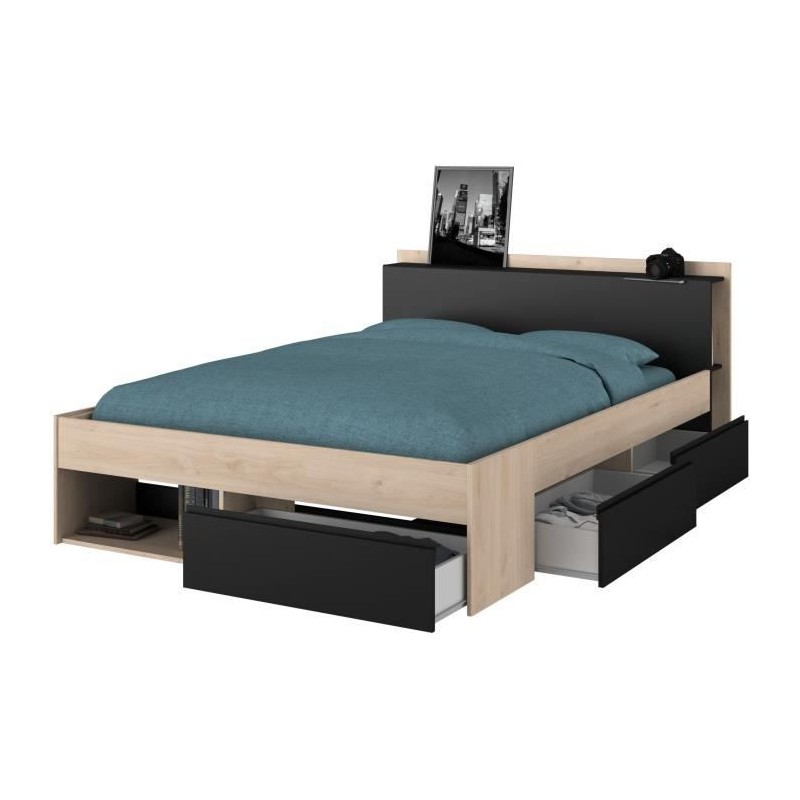 Lit adulte COMBO 140x190/200 cm - Chene et noir - 3 Tiroirs - PARISOT