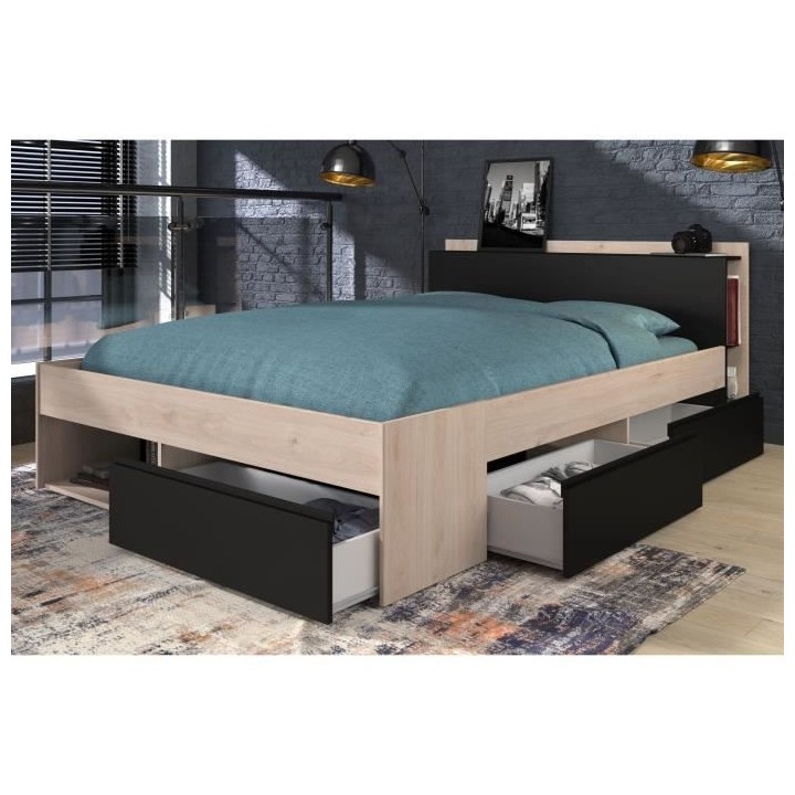 Lit adulte COMBO 140x190/200 cm - Chene et noir - 3 Tiroirs - PARISOT
