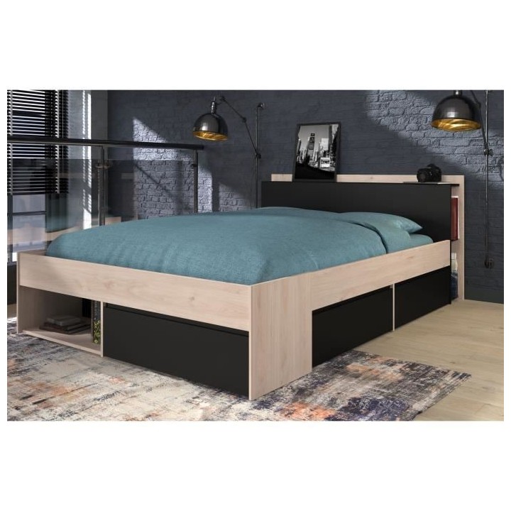Lit adulte COMBO 140x190/200 cm - Chene et noir - 3 Tiroirs - PARISOT