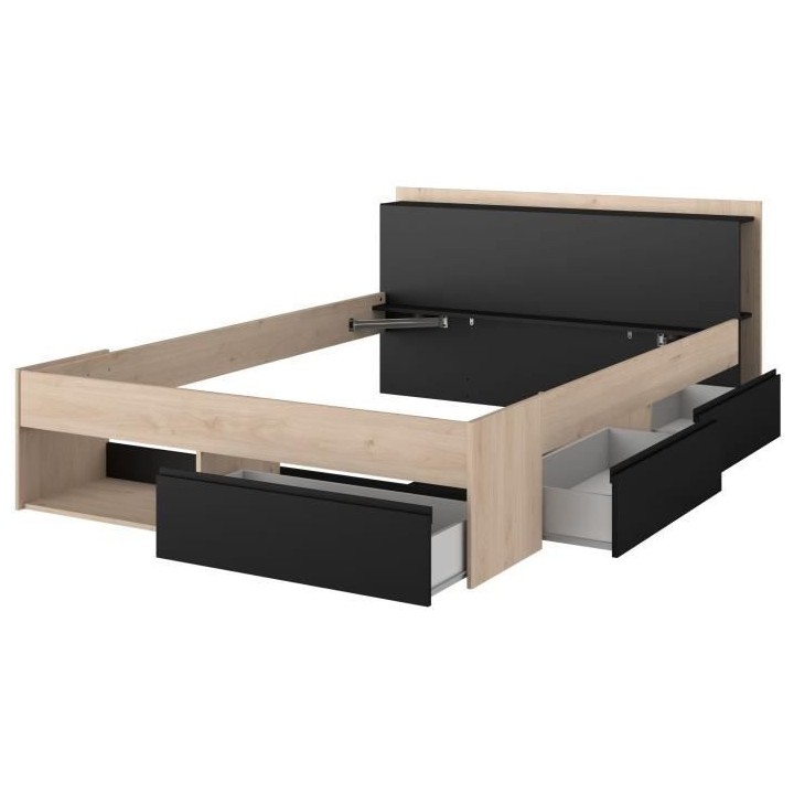Lit adulte COMBO 140x190/200 cm - Chene et noir - 3 Tiroirs - PARISOT