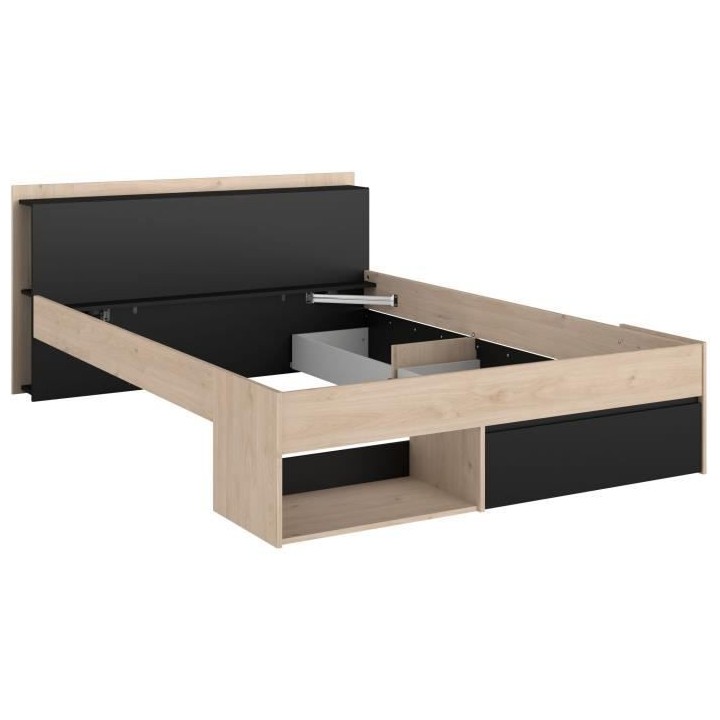 Lit adulte COMBO 140x190/200 cm - Chene et noir - 3 Tiroirs - PARISOT