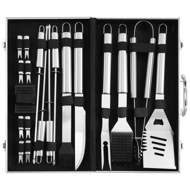 Mallette 19 ustensiles en acier inoxydable pour barbecue ou plancha (S