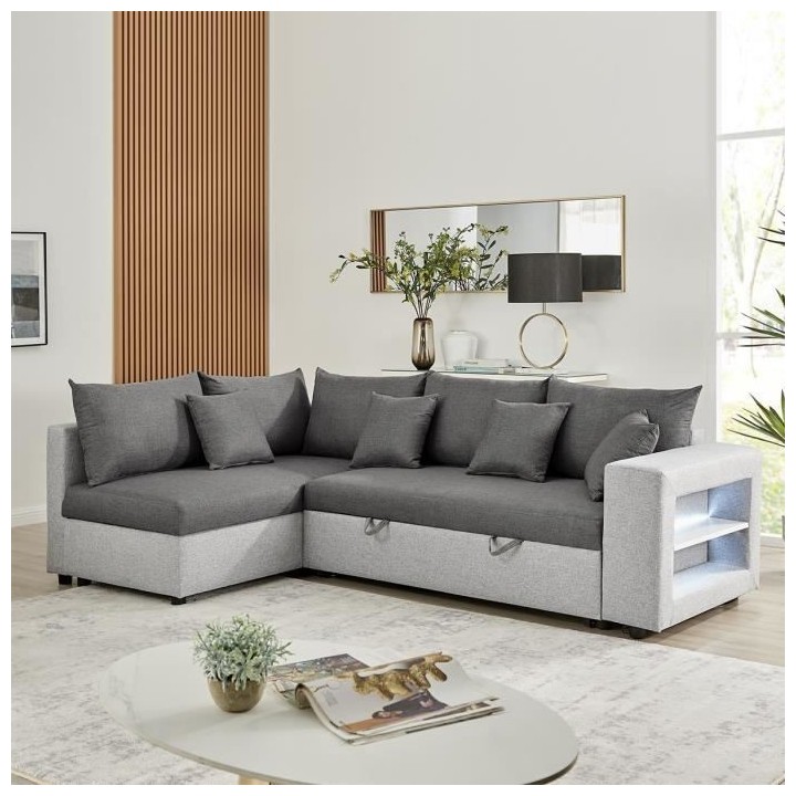 Canapé d'angle convertible gauche + coffre de rangement + 4 coussins