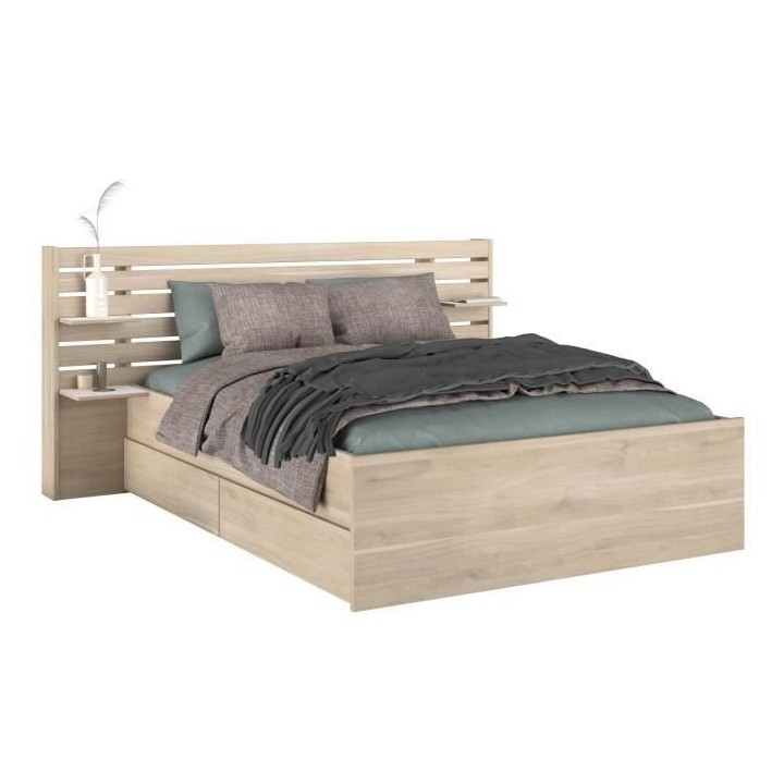 Lit adulte ESCALE 140x190/200 cm - Tete de lit + 2 tiroirs - Décor ch