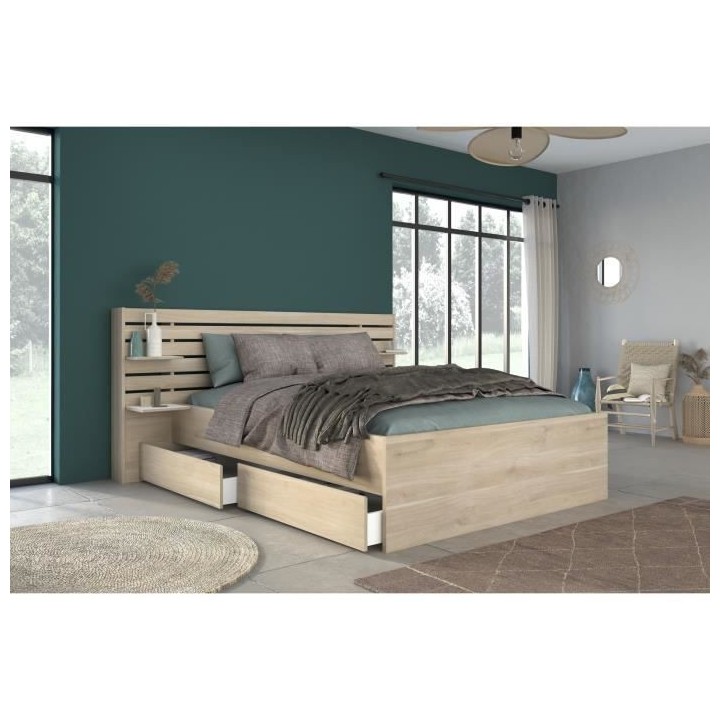 Lit adulte ESCALE 140x190/200 cm - Tete de lit + 2 tiroirs - Décor ch