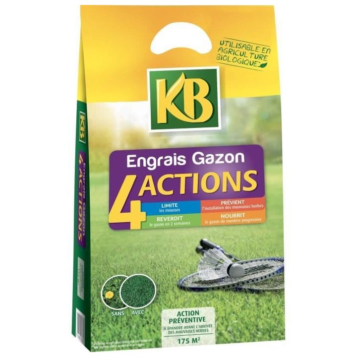 Engrais a Gazon KB K4MP - 4 Actions - 7 KG - Limite les mousses - Pré