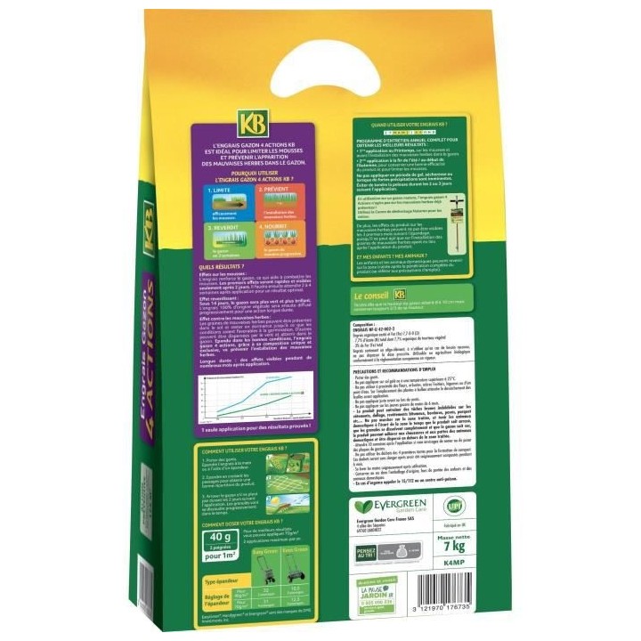 Engrais a Gazon KB K4MP - 4 Actions - 7 KG - Limite les mousses - Pré