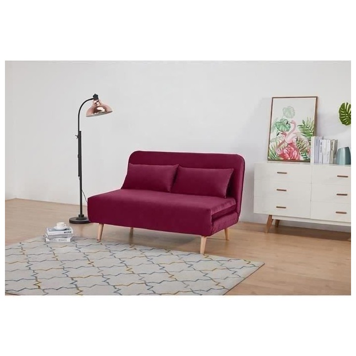 Banquette BZ 2 places - Style scandinave - Velours rose foncé - L 130