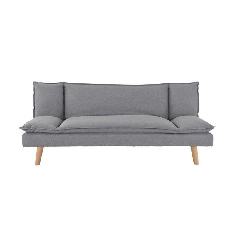 Banquette convertible clic-clac 3 places - Tissu gris et pieds en bois - L 181 x P 90 x H 74 cm - TINA