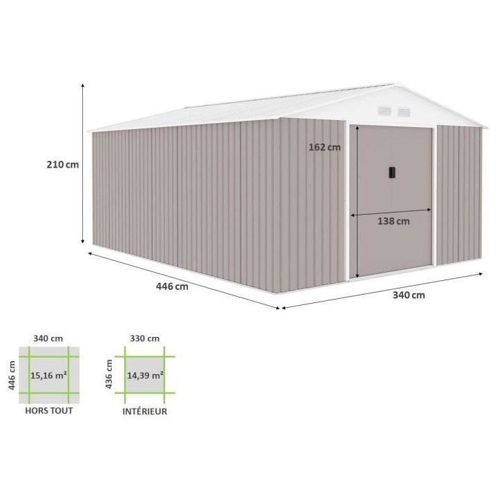 Abri de jardin en métal 15,16 m² - Kit d'ancrage inclus - Taupe