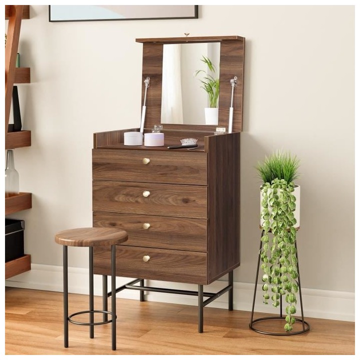 Chiffonnier 4 tiroirs avec miroir - Décor Noyer - Pieds métal - L 50