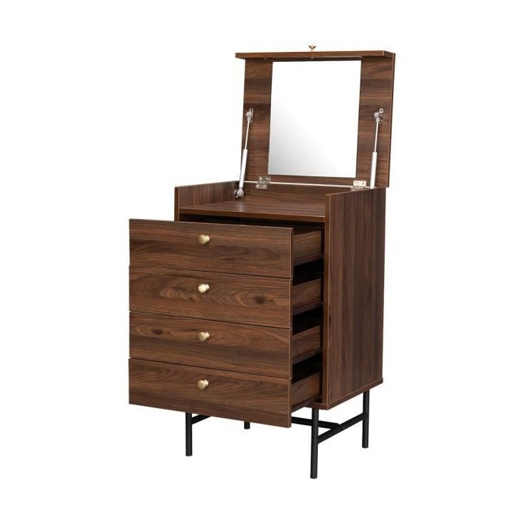 Chiffonnier 4 tiroirs avec miroir - Décor Noyer - Pieds métal - L 50