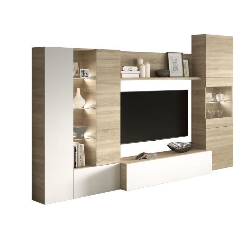 ESSENCIAL Meuble TV avec LED classique blanc brillant et décor chene - L 260 cm