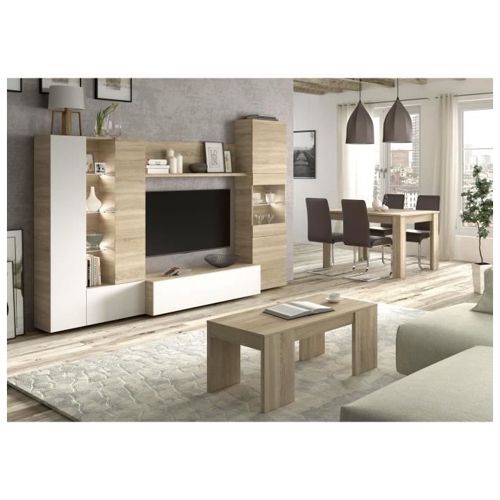 ESSENCIAL Meuble TV avec LED classique blanc brillant et décor chene