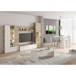 ESSENCIAL Meuble TV avec LED classique blanc brillant et décor chene - L 260 cm