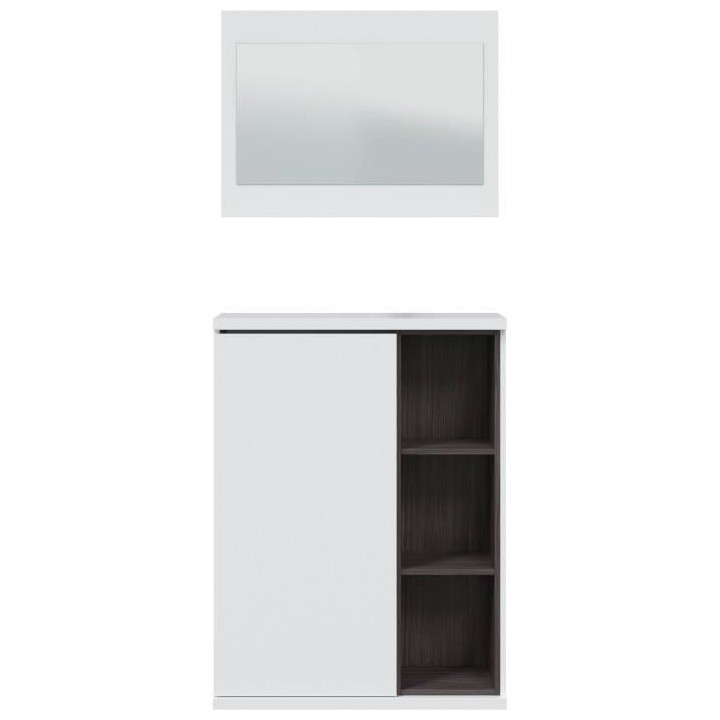 Meuble a chaussures + miroir - Mélaminé blanc et anthracite - 1 port