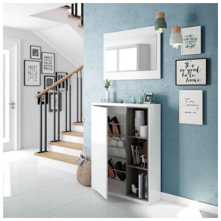 Meuble a chaussures + miroir - Mélaminé blanc et anthracite - 1 port