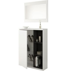 Meuble a chaussures + miroir - Mélaminé blanc et anthracite - 1 porte + 3 niches de rangement - L108 x P11 x H60 cm ADHARA