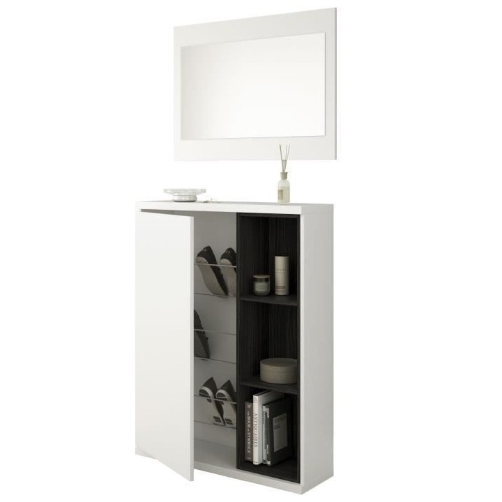 Meuble a chaussures + miroir - Mélaminé blanc et anthracite - 1 port