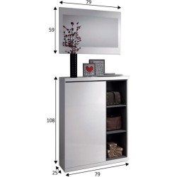 Meuble a chaussures + miroir - Mélaminé blanc et anthracite - 1 porte + 3 niches de rangement - L108 x P11 x H60 cm ADHARA