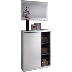 Meuble a chaussures + miroir - Mélaminé blanc et anthracite - 1 porte + 3 niches de rangement - L108 x P11 x H60 cm ADHARA