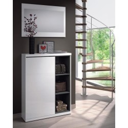 Meuble a chaussures + miroir - Mélaminé blanc et anthracite - 1 porte + 3 niches de rangement - L108 x P11 x H60 cm ADHARA