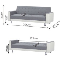 Canapé Droit Clic clac convertible 3 places IVANA - Tissu et PU Gris foncé et blanc - Style contemporain - L 208 x P 86 x H 80