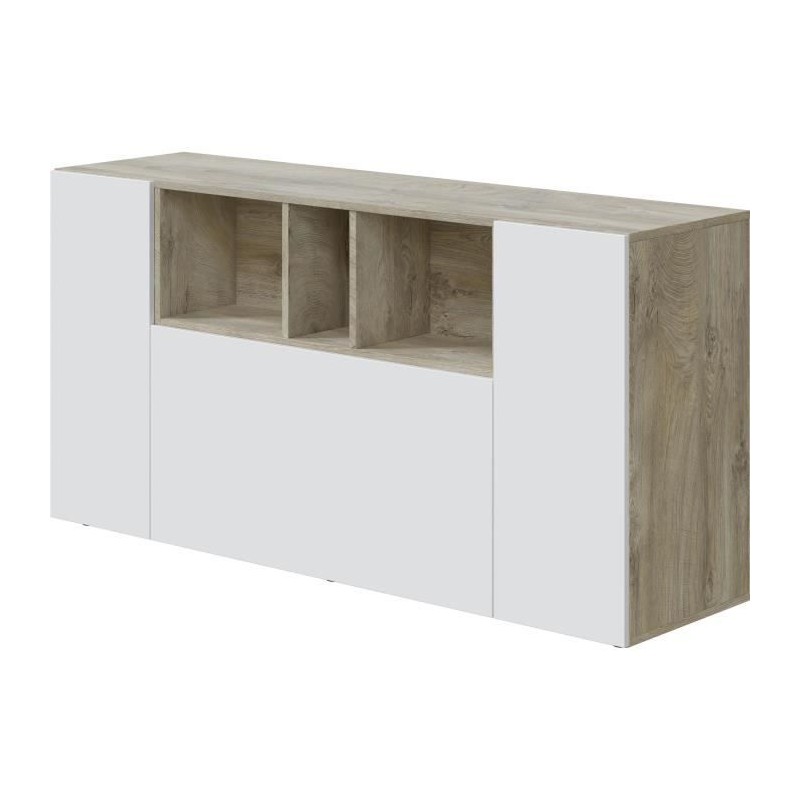 Buffet LOIRA - Mélaminé blanc artik et chene - 3 portes + 3 niches de rangement - L 150 x P 41 x H 76 cm