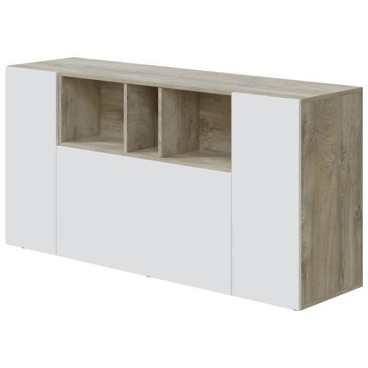 Buffet LOIRA - Mélaminé blanc artik et chene - 3 portes + 3 niches d