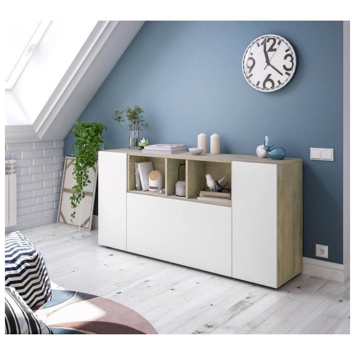 Buffet LOIRA - Mélaminé blanc artik et chene - 3 portes + 3 niches d