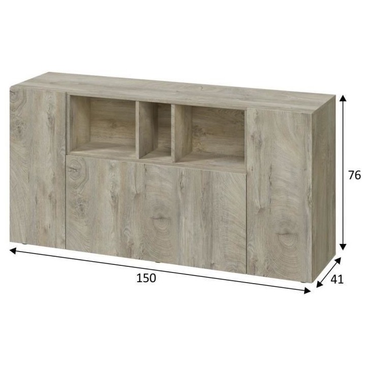 Buffet LOIRA - Mélaminé blanc artik et chene - 3 portes + 3 niches d