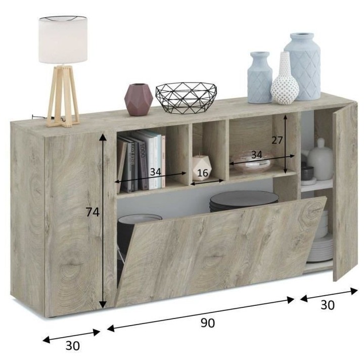 Buffet LOIRA - Mélaminé blanc artik et chene - 3 portes + 3 niches d