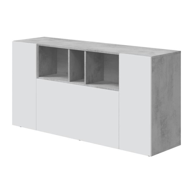 Buffet LOIRA - Mélaminé blanc artik et ciment - 3 portes + 3 niches de rangement - L 150 x P 41 x H 76 cm