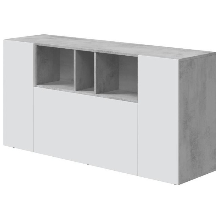 Buffet LOIRA - Mélaminé blanc artik et ciment - 3 portes + 3 niches