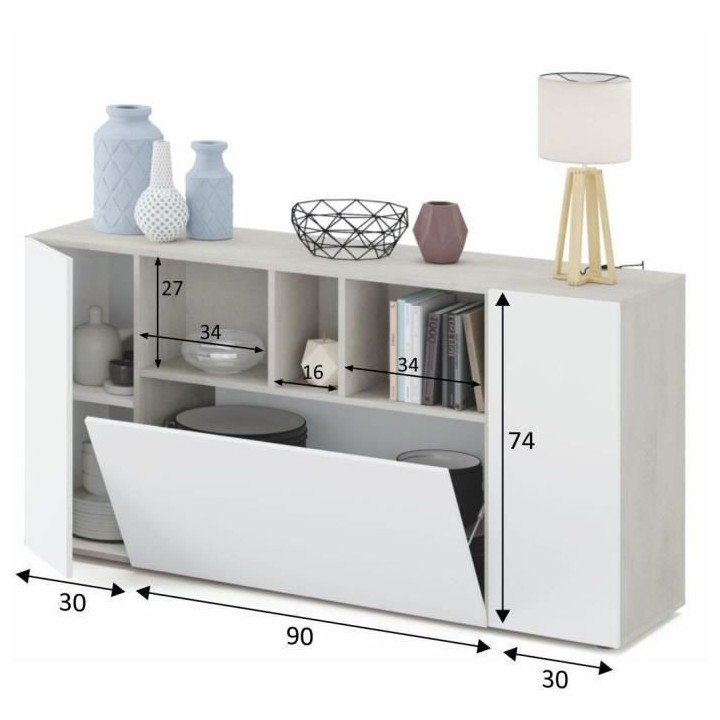 Buffet LOIRA - Mélaminé blanc artik et ciment - 3 portes + 3 niches