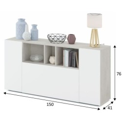 Buffet LOIRA - Mélaminé blanc artik et ciment - 3 portes + 3 niches de rangement - L 150 x P 41 x H 76 cm