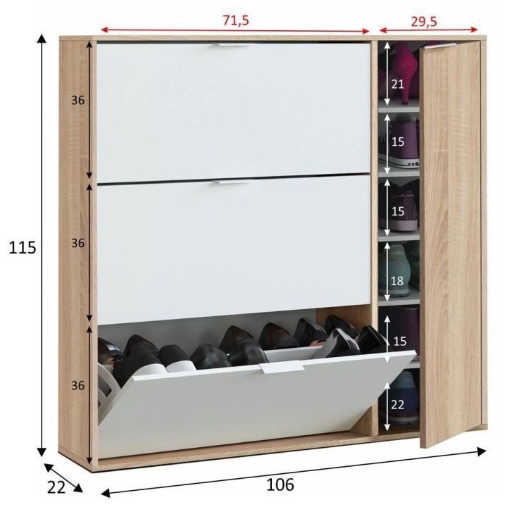 Meuble a chaussure - 3 tiroirs abattants et 1 porte - L 106 x H 115 x