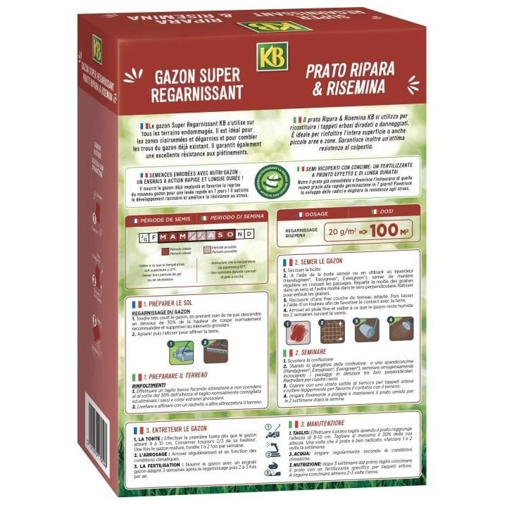 Semences Gazon KB KREGFAC100 - Super Regarnissant 2 kg - Pour terrains