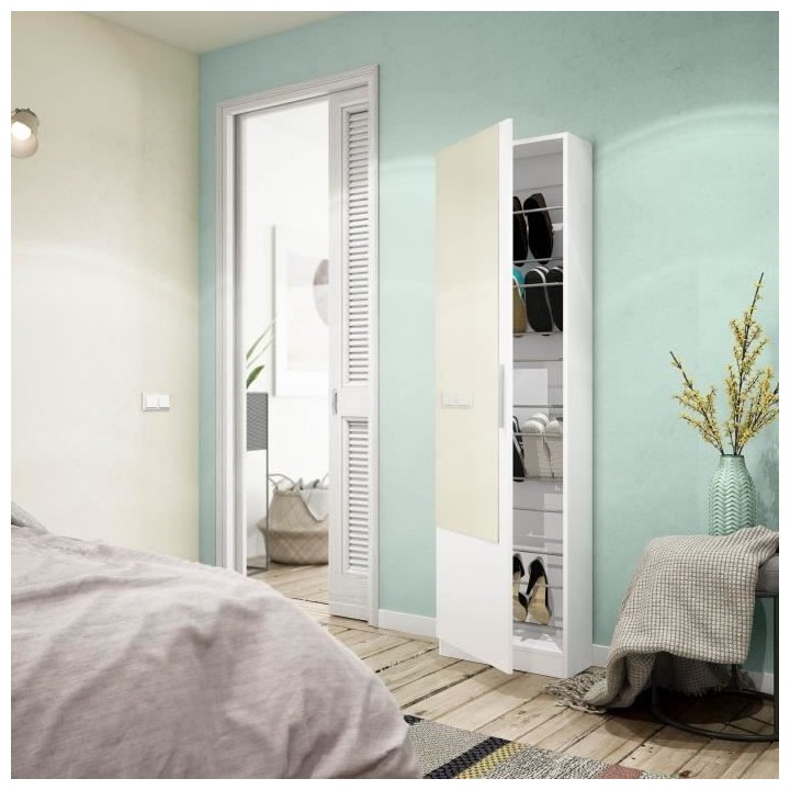 Meuble a chaussure - 1 porte 1 miroir - blanc - 50x 22 x 180 cm - KRIS