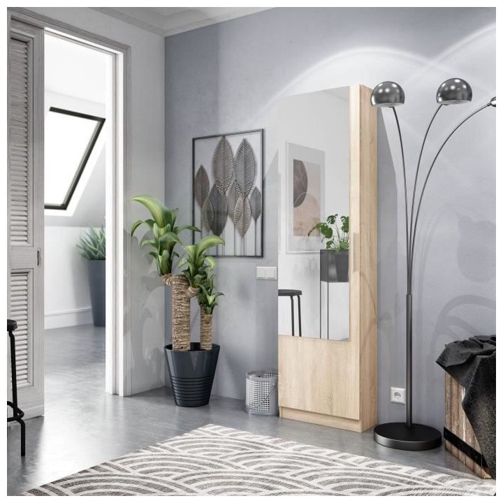 Meuble a chaussure - 1 porte 1 miroir - chene - L 50x P 22 x H180 cm -