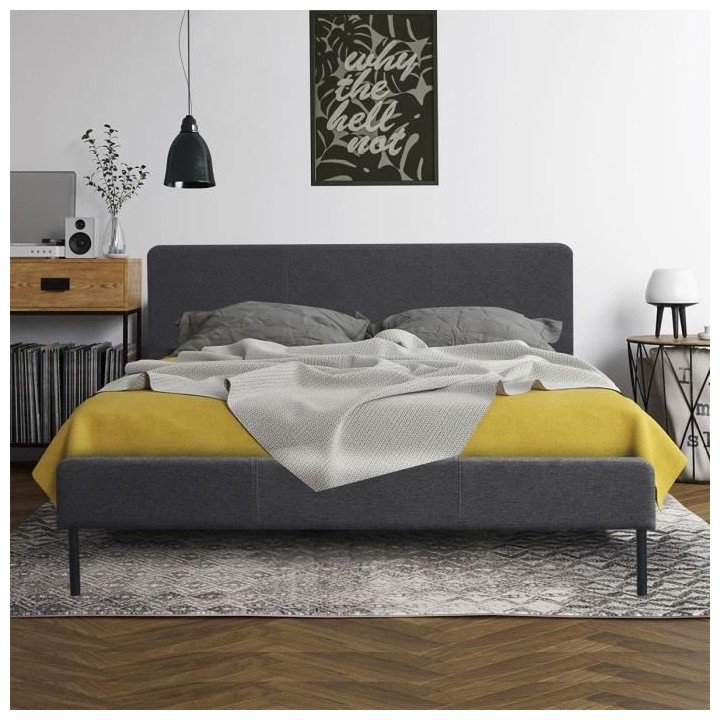 Lit adulte SIME - 140 x 190 cm - Sommier inclus - Gris