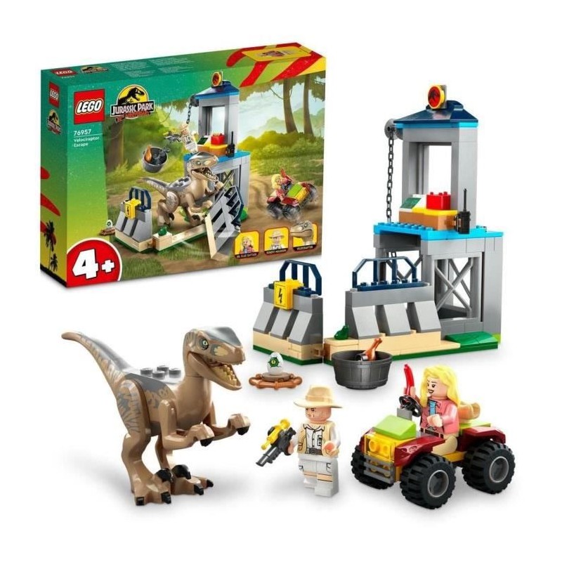 LEGO Jurassic Park 76957 L'Évasion du Vélociraptor, Jouet avec Dinosaure et Voiture