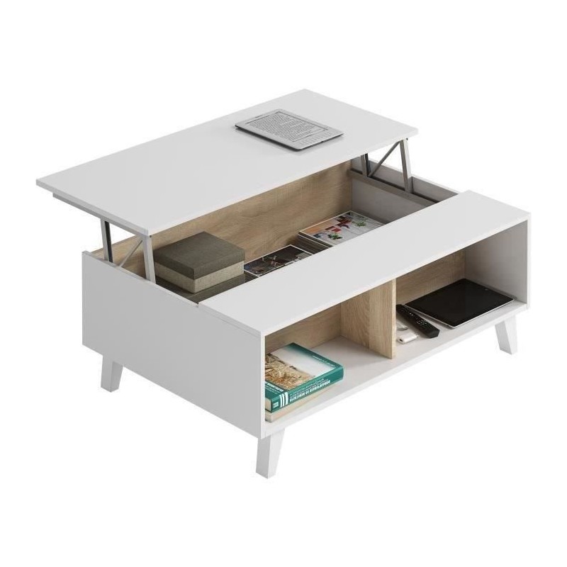 Table basse Relevable - Scandinave - Décor chene et blanc - L 100 x P68 x H 38 cm - ZAIKEN