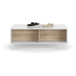 Table basse Relevable - Scandinave - Décor chene et blanc - L 100 x P68 x H 38 cm - ZAIKEN