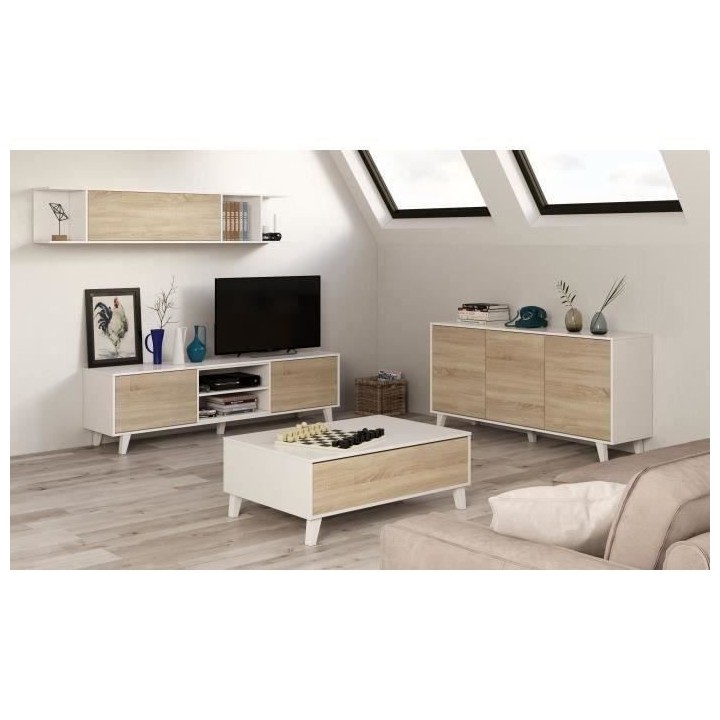 Table basse Relevable - Scandinave - Décor chene et blanc - L 100 x P