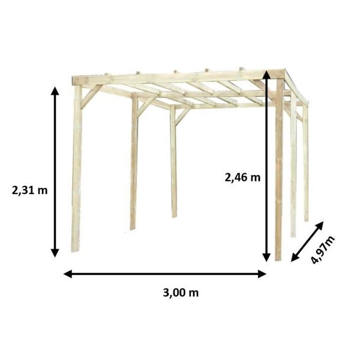 Carport en bois Toit plat Autoclave 15 m² - 3 x 5 m , h 2.4m ALTONA