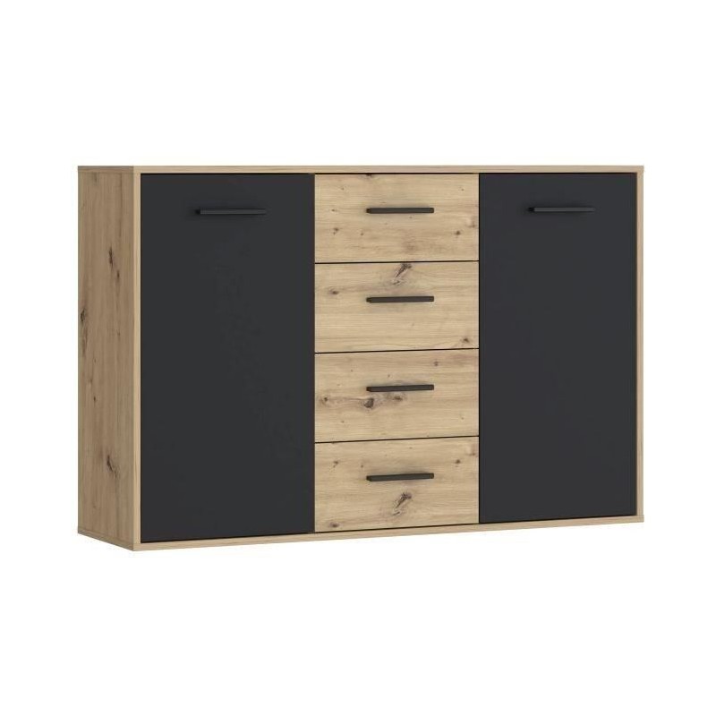 Buffet PILVI - Style contemporain - Particules mélaminé - Décor Chene et noir - 2 portes + 4 tiroirs - L 122,6 x P 34,2 x H 8